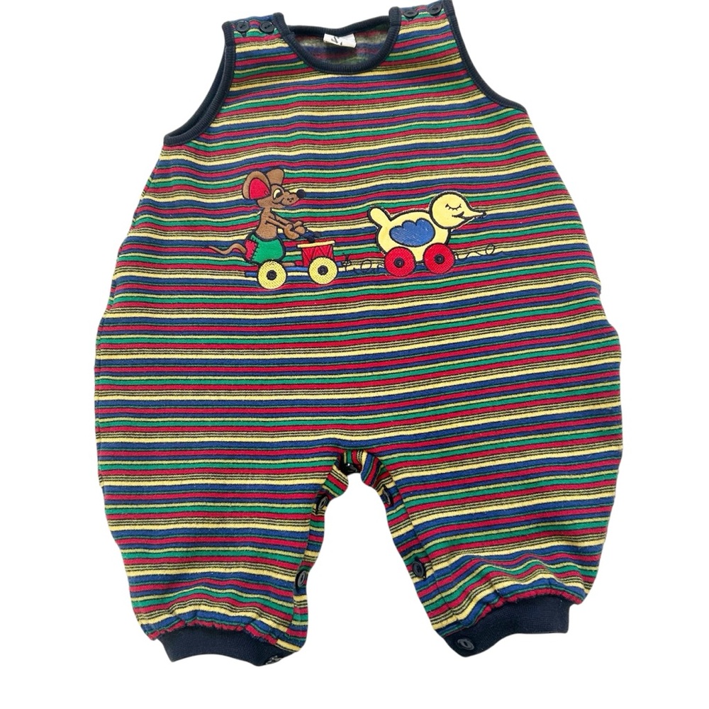 Vintage Cotton-blend Rainbow Striped Baby Romper with Duck & Mouse Design